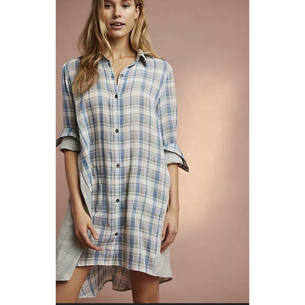 Anthropologie Saturday Sunday Plaid button front dress long tunic top pockets XS